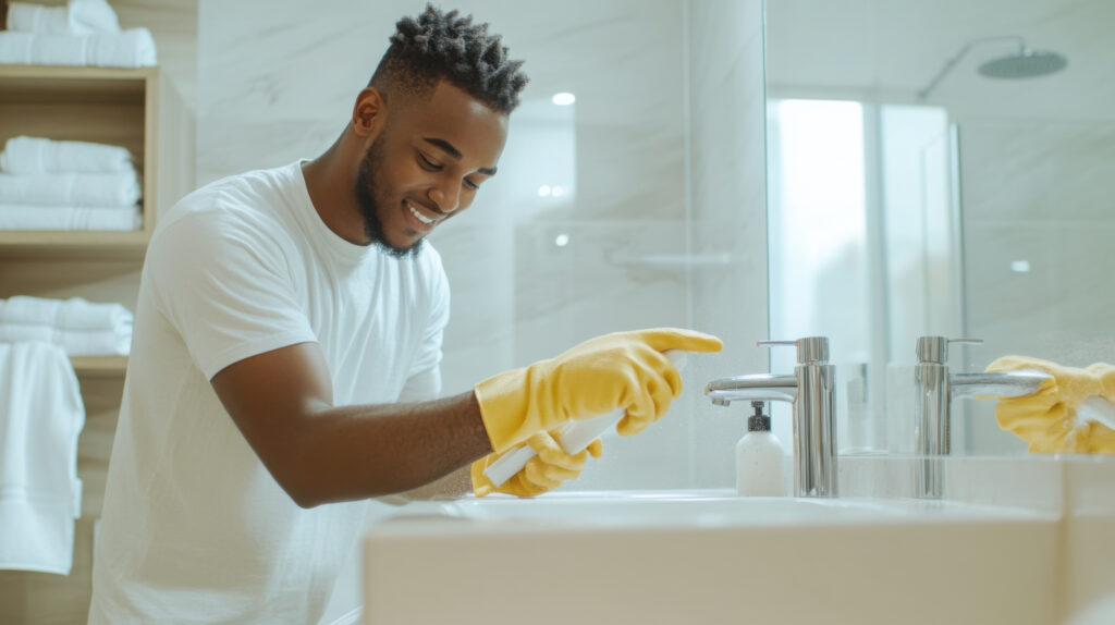 Person cleaning sink in bright bathroom.