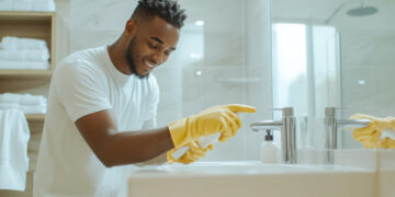 Person cleaning sink in bright bathroom.