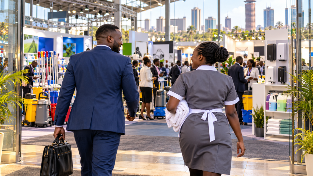 Black African cleaning and hospitality professionals approach a trade exhibition.