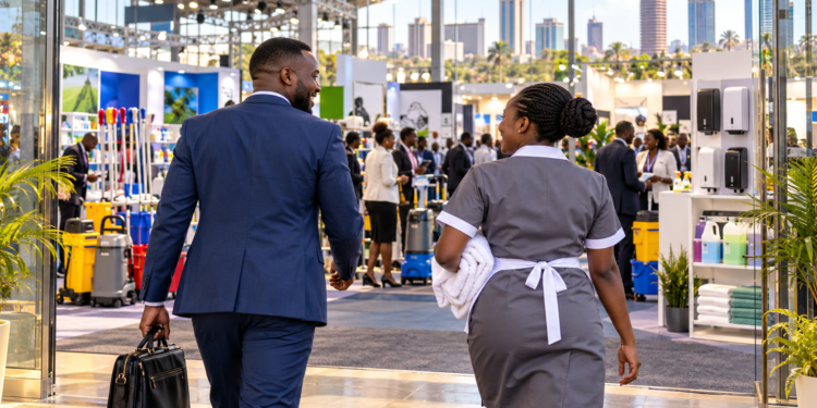 Black African cleaning and hospitality professionals approach a trade exhibition.