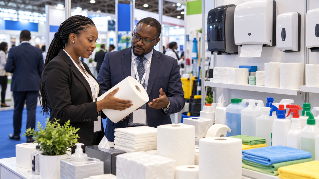 Black African business professionals review facility care supplies at a trade-fair booth.