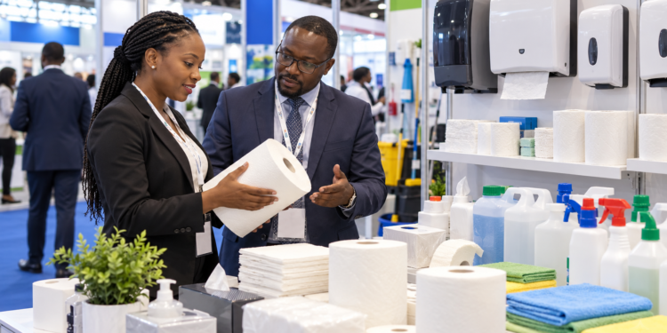 Black African business professionals review facility care supplies at a trade-fair booth.