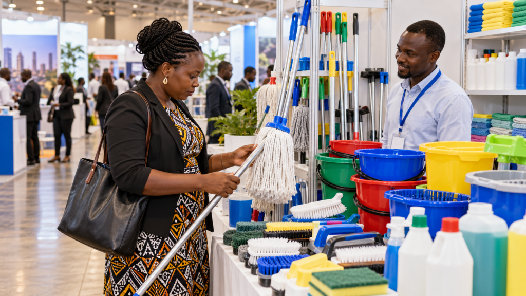 A Black African buyer examines affordable mops and cleaning supplies at an expo.