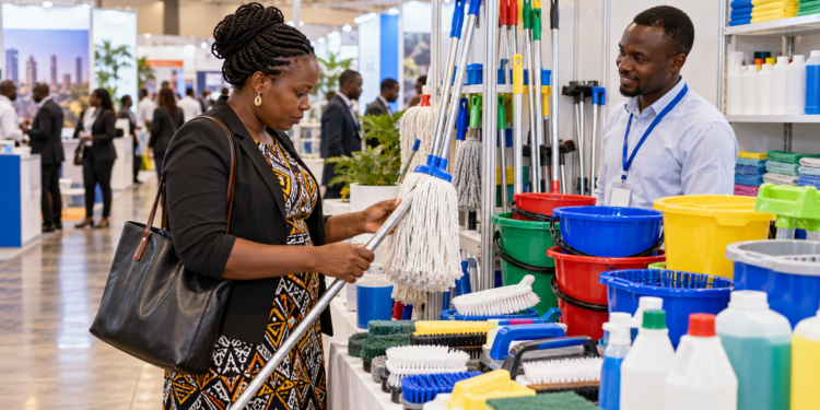 A Black African buyer examines affordable mops and cleaning supplies at an expo.