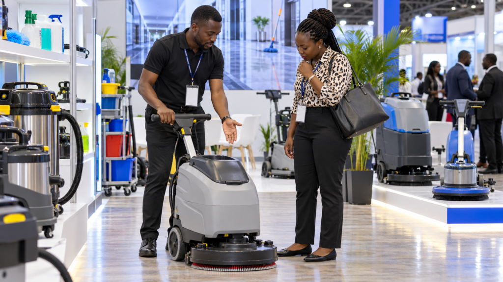 Black African hospitality buyers discuss hotel housekeeping equipment at an expo booth.