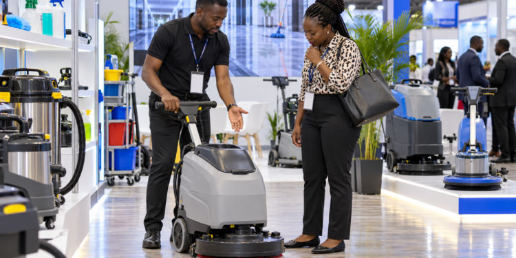 Black African hospitality buyers discuss hotel housekeeping equipment at an expo booth.