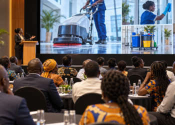 Black African visitors watch cleaning products being demonstrated at a trade expo.