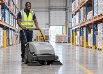 A Black African facilities worker demonstrates a walk-behind floor sweeper.
