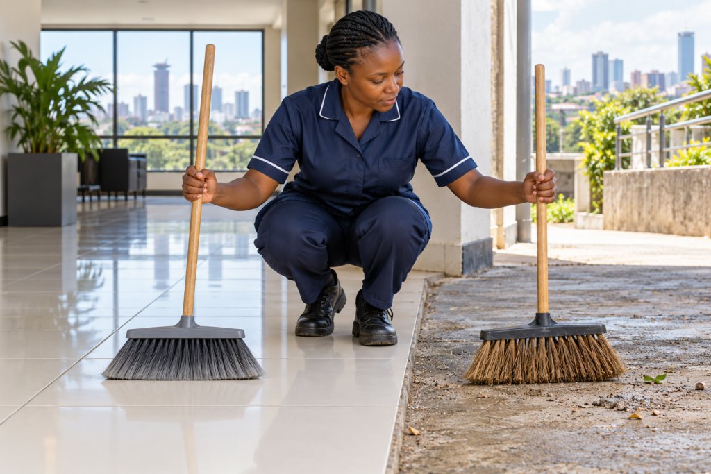 A Black African cleaner compares a soft indoor broom with a stiff outdoor broom.