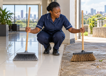 A Black African cleaner compares a soft indoor broom with a stiff outdoor broom.