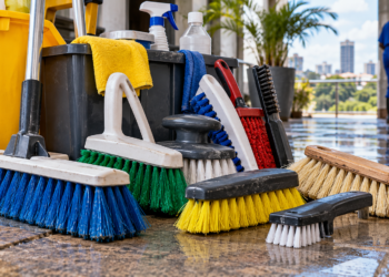 A Black African cleaner selects scrub brushes for different surface types.