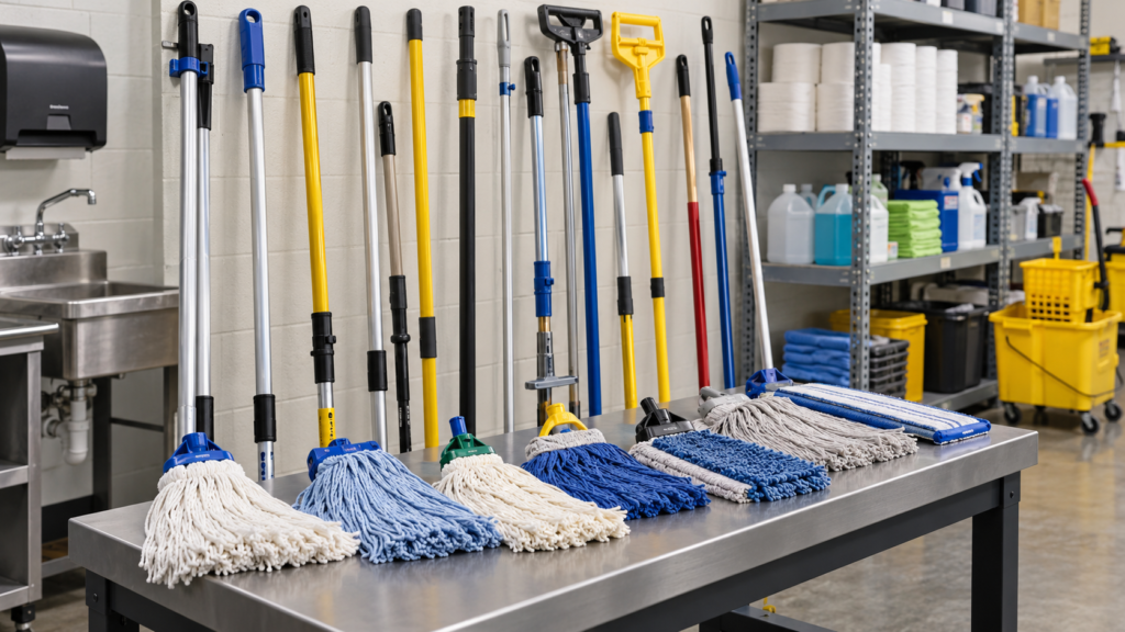 A Black African cleaner compares sturdy mop handles in a facility supply room.