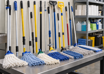 A Black African cleaner compares sturdy mop handles in a facility supply room.