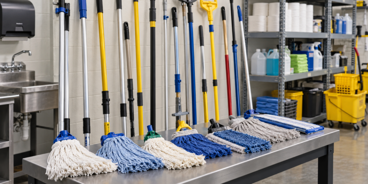 A Black African cleaner compares sturdy mop handles in a facility supply room.