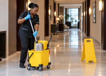 A Black African cleaner demonstrates a mop bucket and wringer on a tiled floor.