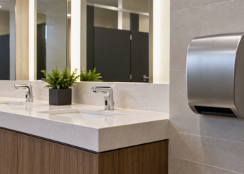 A Black African visitor uses a wall-mounted hand dryer in a clean washroom.