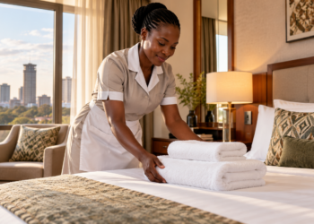A Black African hotel housekeeper arranges fresh white towels on a guest bed.