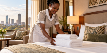 A Black African hotel housekeeper arranges fresh white towels on a guest bed.