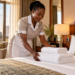 A Black African hotel housekeeper arranges fresh white towels on a guest bed.
