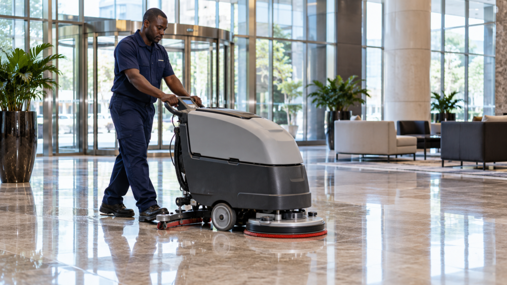 A floor care machine polishing a clean commercial corridor.