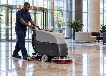 A floor care machine polishing a clean commercial corridor.