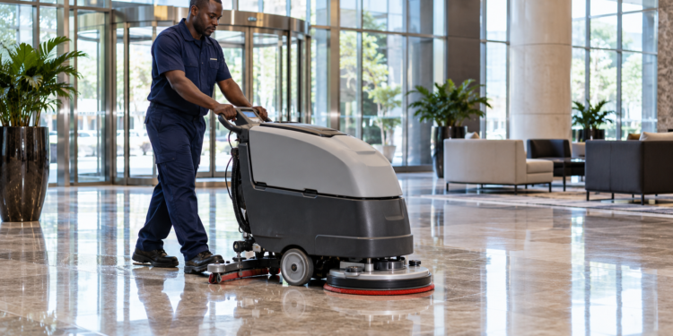 A floor care machine polishing a clean commercial corridor.