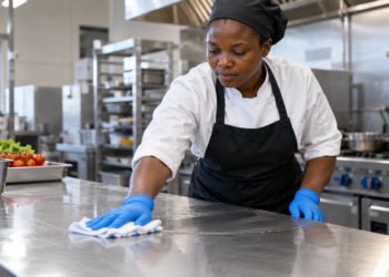 A food-safe stainless steel kitchen prep table being cleaned.