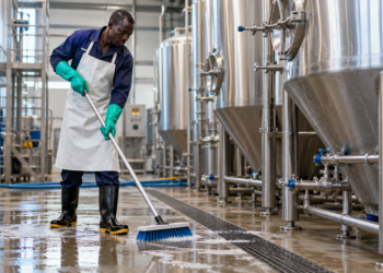 Stainless steel brewing tanks and clean brewery equipment in a production room.