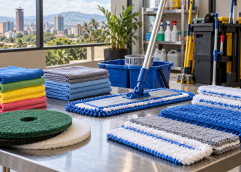 Commercial mops, wipes and floor pads arranged for facility cleaning.