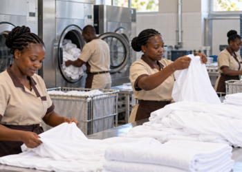 A hotel laundry team sorts fresh linens beside commercial washers.