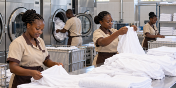 A hotel laundry team sorts fresh linens beside commercial washers.