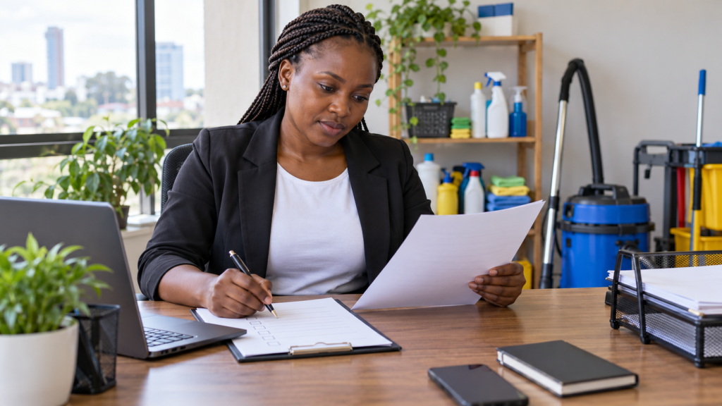 A Black African entrepreneur reviews business registration paperwork at a Nairobi office desk.