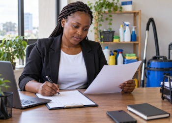 A Black African entrepreneur reviews business registration paperwork at a Nairobi office desk.