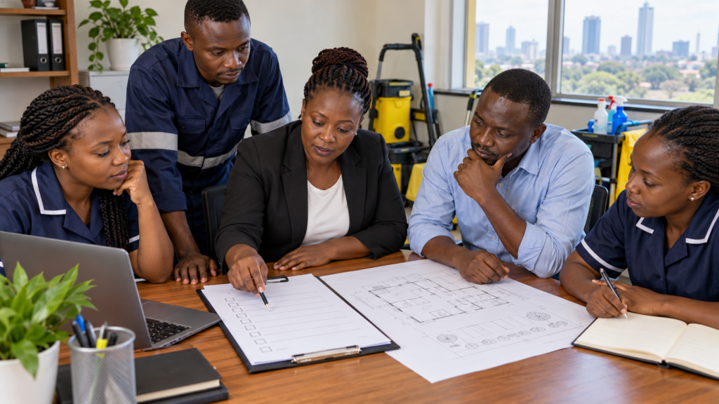 A Black African business owner organizes tender documents at a work desk.