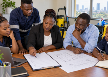 A Black African business owner organizes tender documents at a work desk.