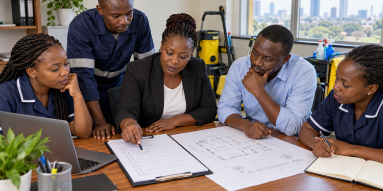 A Black African business owner organizes tender documents at a work desk.