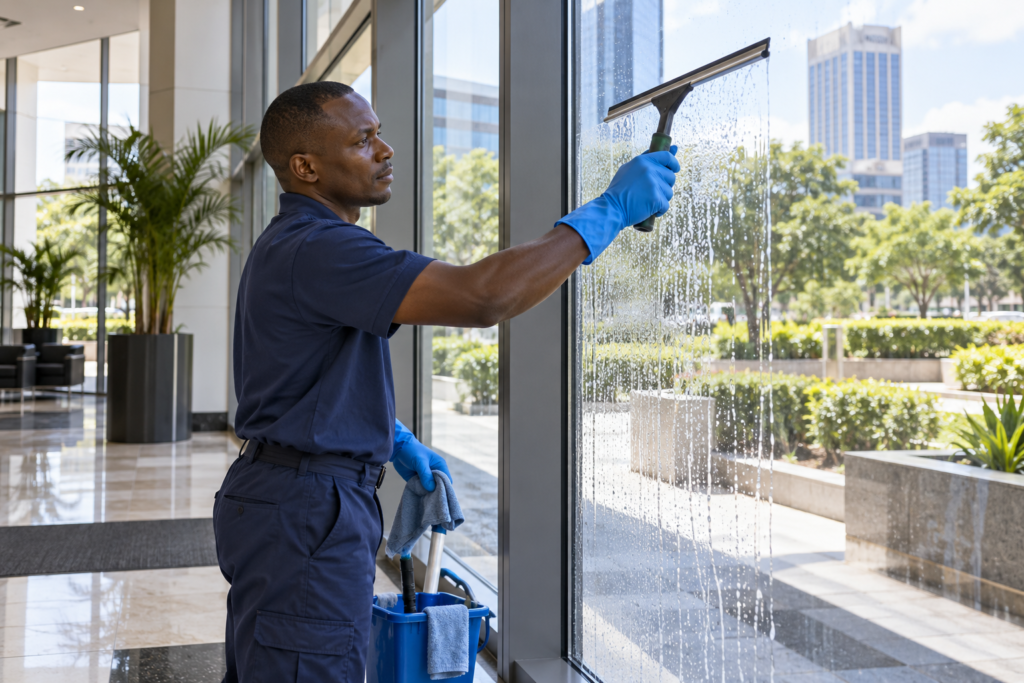 Black African professional cleaner using a squeegee on a ground-floor office window