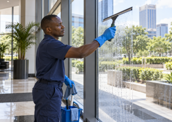 Black African professional cleaner using a squeegee on a ground-floor office window