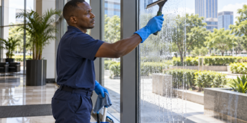 Black African professional cleaner using a squeegee on a ground-floor office window